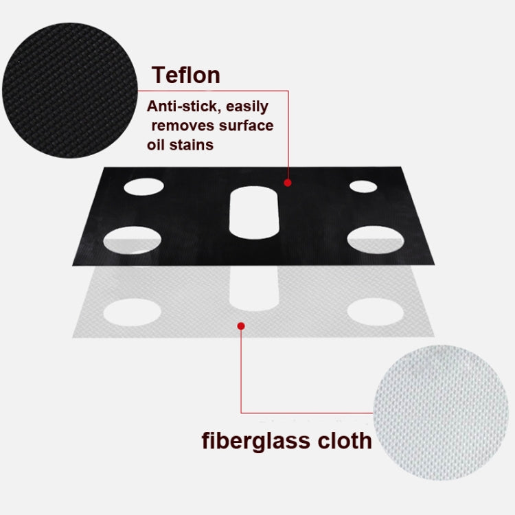 Black Teflon-style stove cover pad with five oval cutouts and textured surface detail