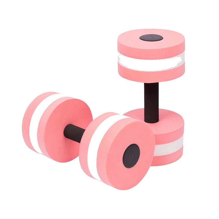 Pink and white floating EVA foam dumbbells with black center handles, 1 pair