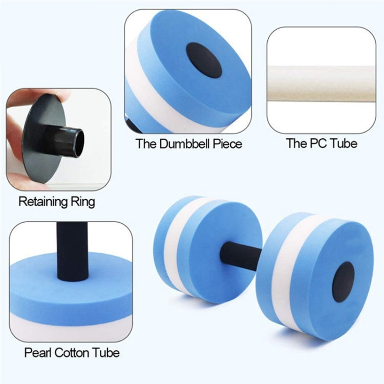 Blue floating EVA foam dumbbell with black handle piece and white striped end discs