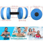 Blue floating EVA foam dumbbells with black handle and striped foam end discs