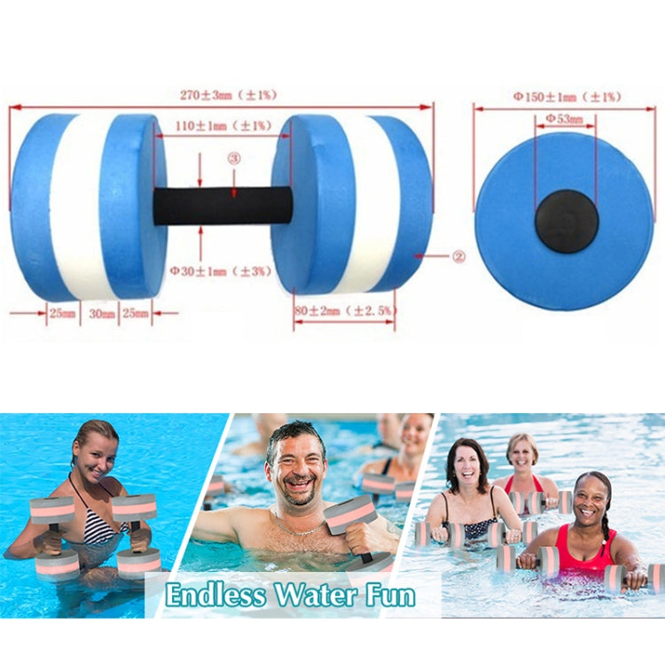 Blue floating EVA foam dumbbells with black handle and striped foam end discs