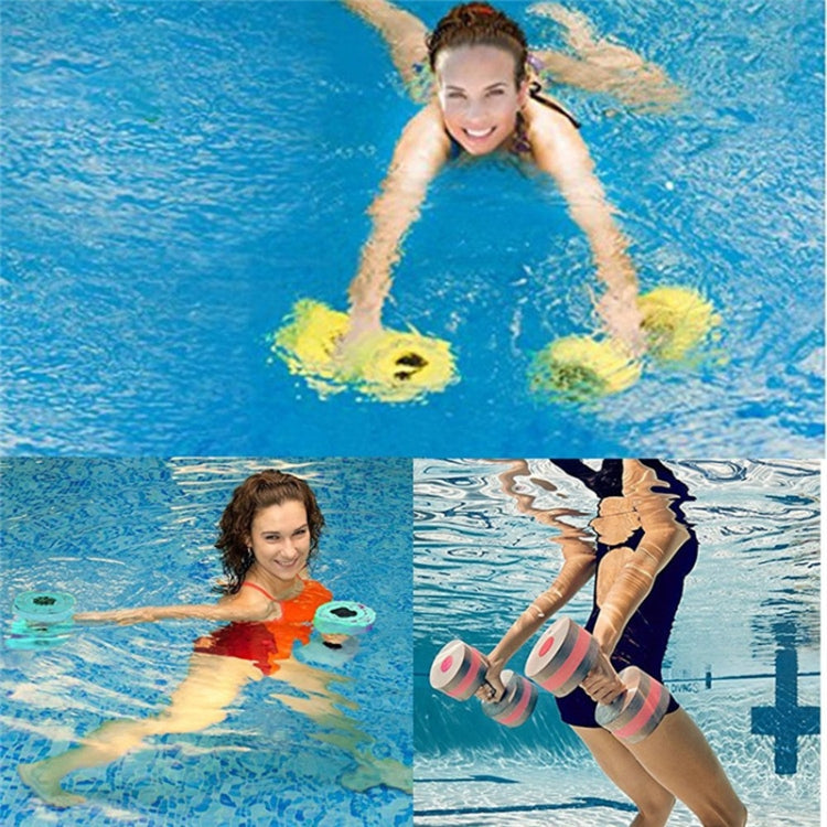 Blue pool exercise with colorful floating foam dumbbells and striped end discs