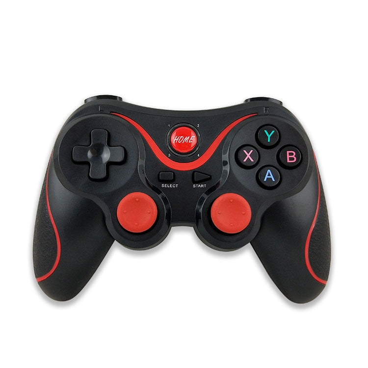 Wireless Bluetooth game controller with red ABXY buttons and dual thumbsticks, black body