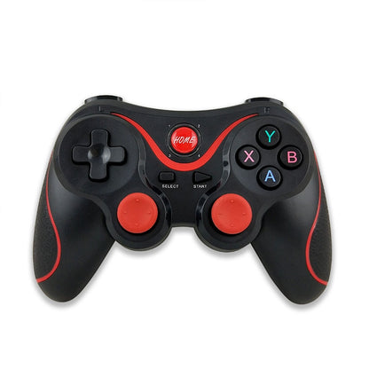 Wireless Bluetooth game controller with red ABXY buttons and dual thumbsticks, black body