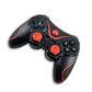Wireless Bluetooth game controller angled view, black with red triggers and ABXY buttons