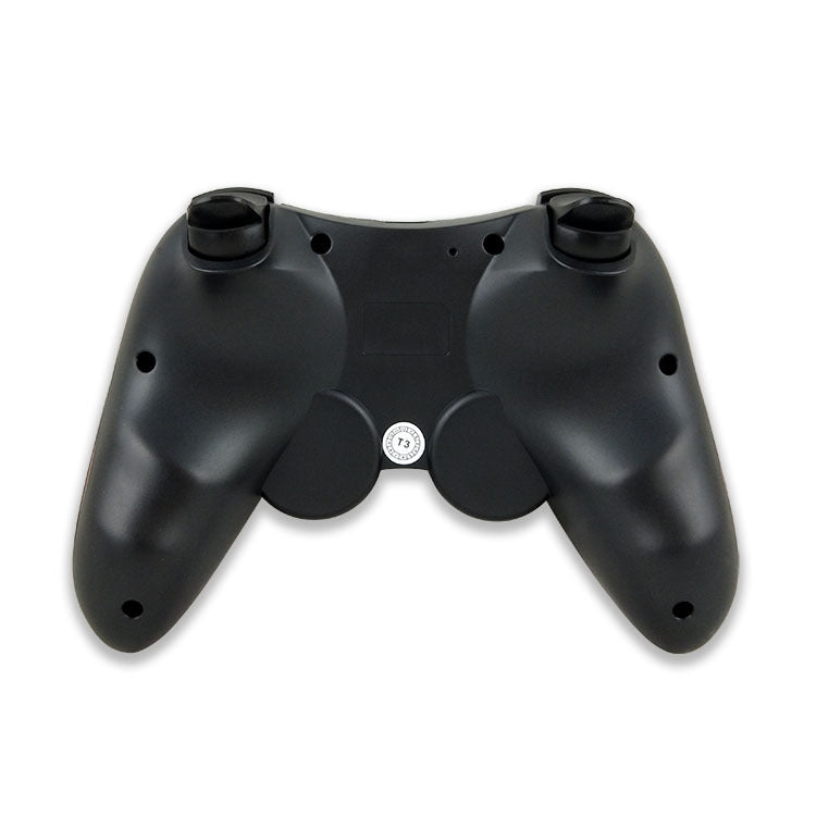 Wireless game controller back view with dual grips, central pad, and screw holes