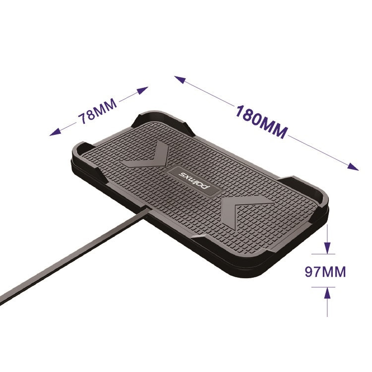 Wireless charger pad with textured anti-slip grips and attached cable, dark gray