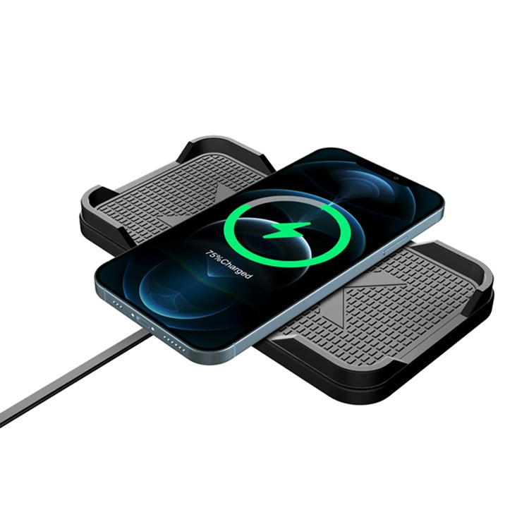 Wireless car charger with phone on textured anti-slip pads, green charging ring