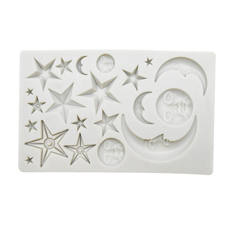White silicone mold with star, crescent moon, and baby face relief cavities