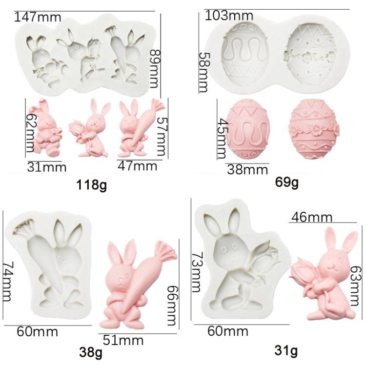 Silicone chocolate mold set with bunny and egg cavities, with size and weight labels