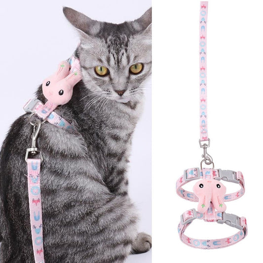 Rabbit head cat traction leash set with pink patterned harness strap and adjustable metal buckle