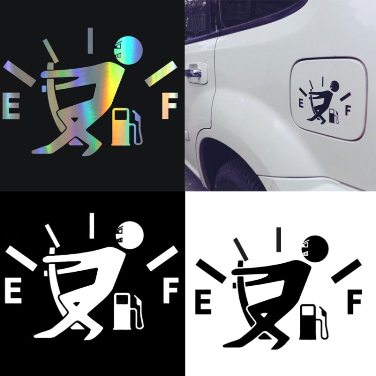 Reflective fuel gauge icon sticker shown on car panels in white and colorful finishes