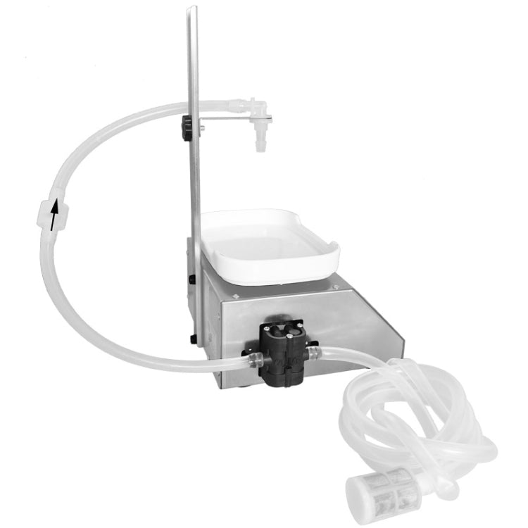 Liquid dispensing machine side view with tubing, pump module, and white tray