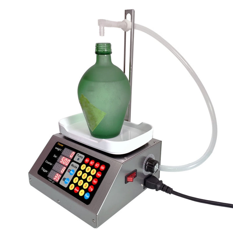 Automatic liquid dispenser with tube, stainless base, and green bottle on platform