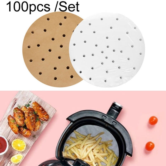 Air fryer oil-absorbing paper pads set of 100, round perforated rounds in brown and white