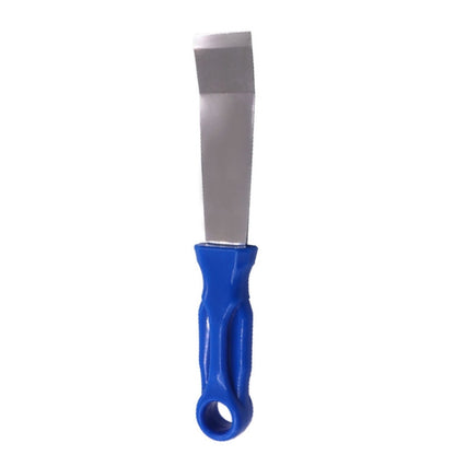 Glue removal scraper tool with blue plastic handle and silver flat blade