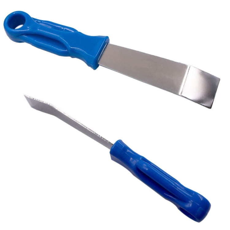 Glue removal scraper tool with blue handle and silver blade, plus second spare blade