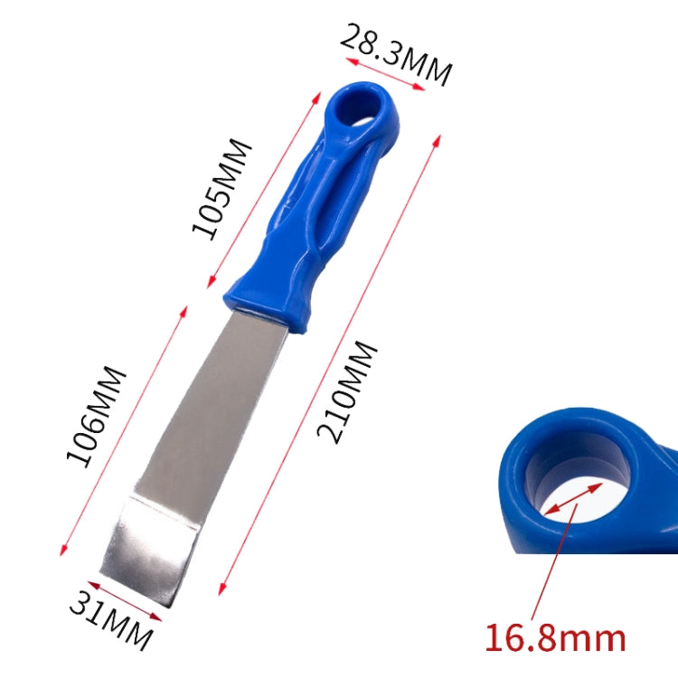 Blue-handled glue scraper with silver blade; handle hole and blade size markings