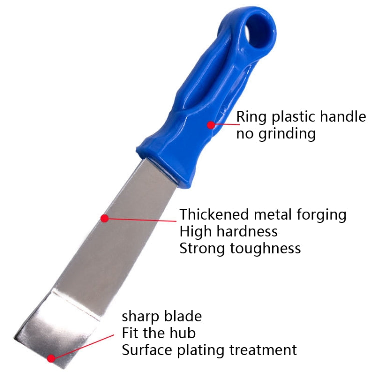 Glue removal scraper with blue ergonomic ring handle and silver metal blade head