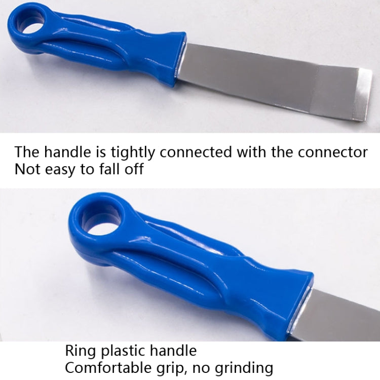 Blue-handled scraper with silver rectangular blade for removing adhesive residue