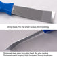 Close-up of silver scraper blade edge with blue plastic handle