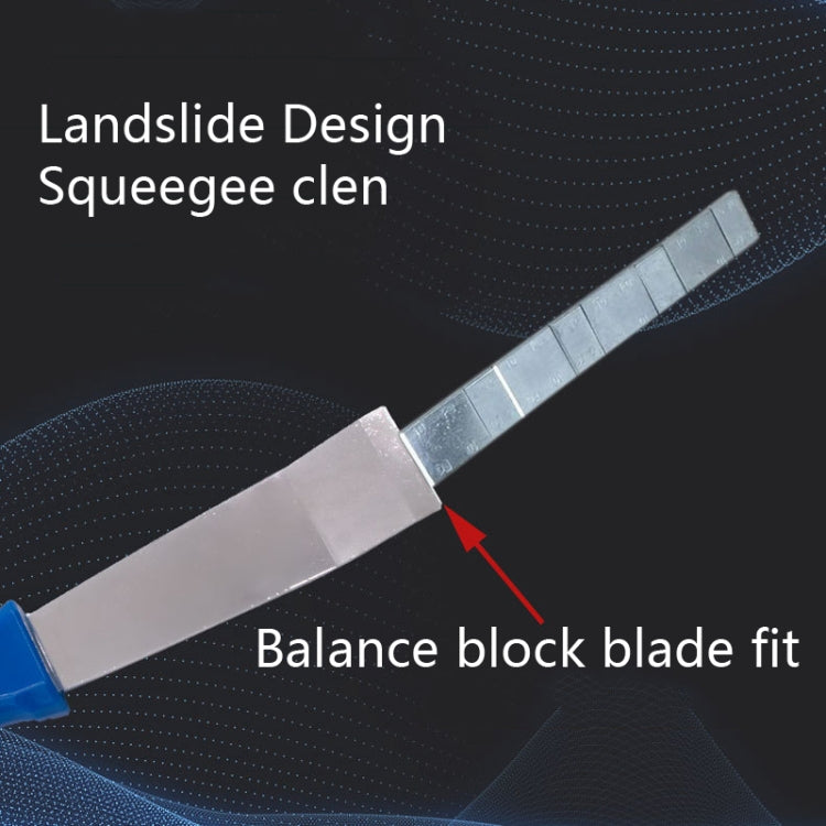 Balance block blade scraper tool showing silver blade mounted to blue handle