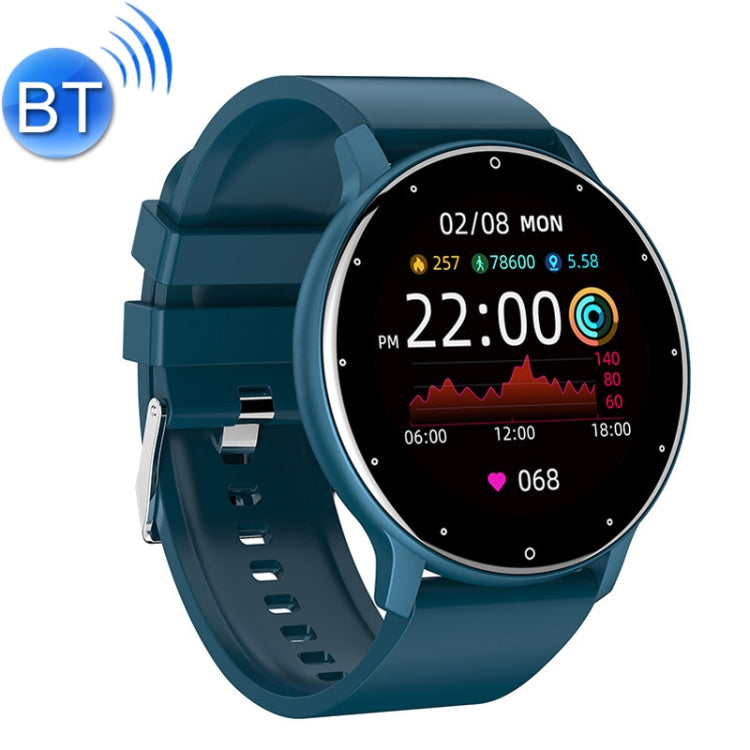 Blue smartwatch with teal silicone strap and round black fitness display