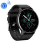 Black smartwatch with black silicone strap and round dark fitness display