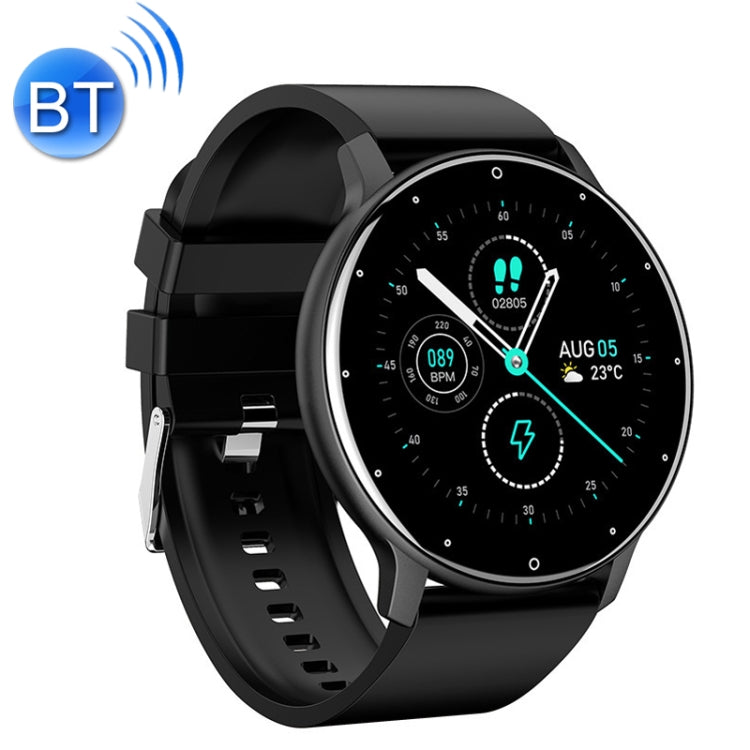 Black smartwatch with black silicone strap and round dark fitness display