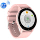 Pink smartwatch with light pink silicone strap and round black fitness display
