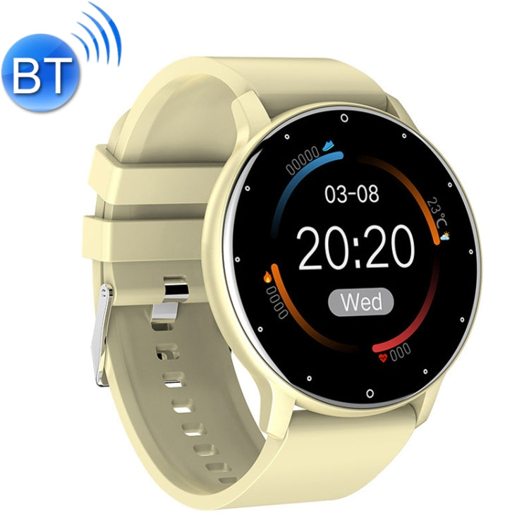 Gold smartwatch with pale gold silicone strap and round black fitness display