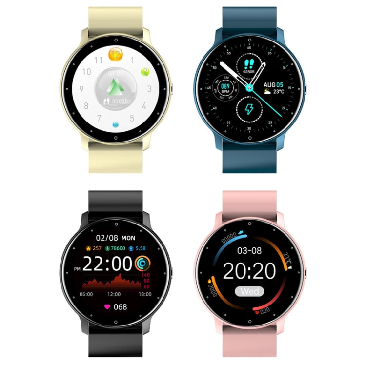 Set of smartwatches with black, blue, gold, and pink silicone straps