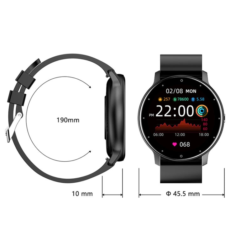 Black smartwatch with round display and silicone strap, side profile view