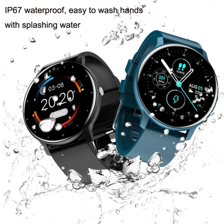 Blue and black smartwatches with round displays beside water splashes