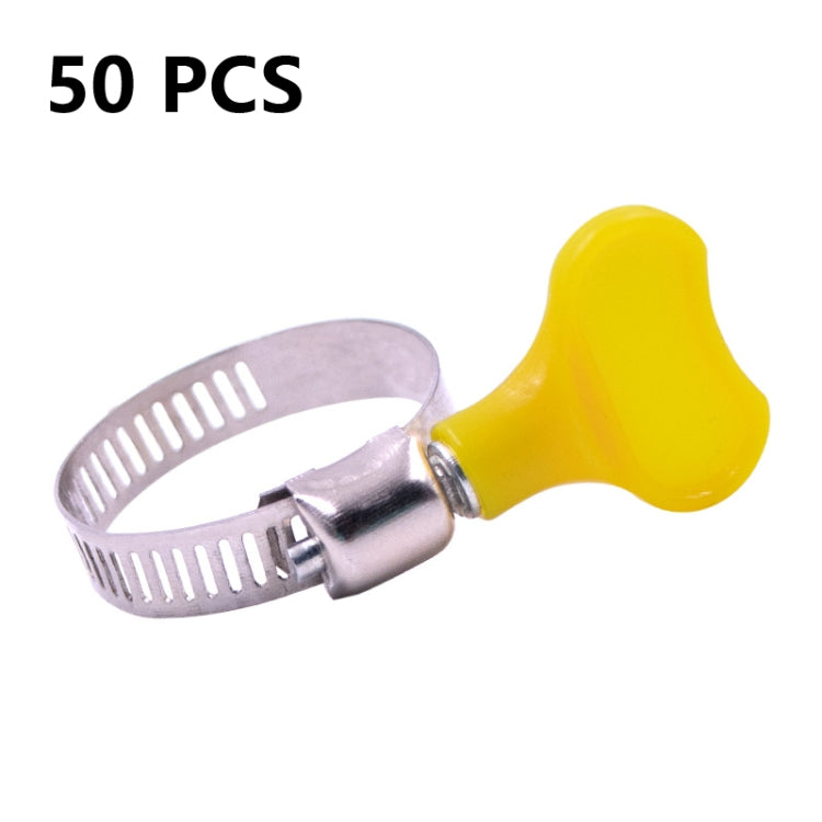 Yellow handled stainless steel hose clamp with perforated band and screw housing