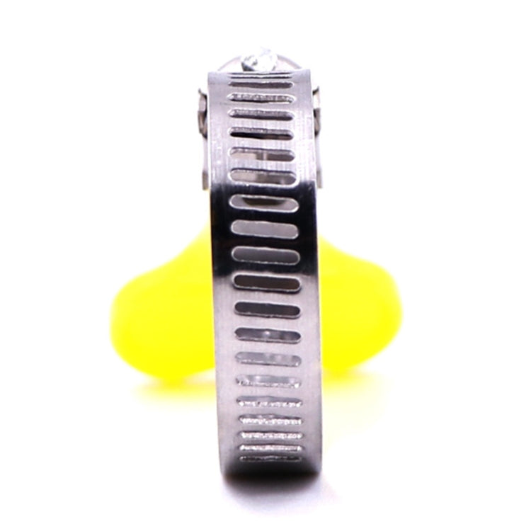 Stainless steel hose clamp with punched band and yellow handle, front view