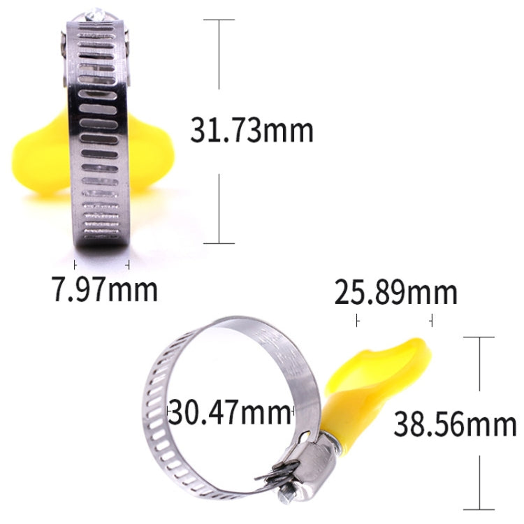 Stainless steel hose clamp with yellow handle and band, size measurements