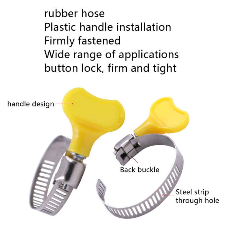 Yellow plastic-handle throat clamp with steel band and back buckle details
