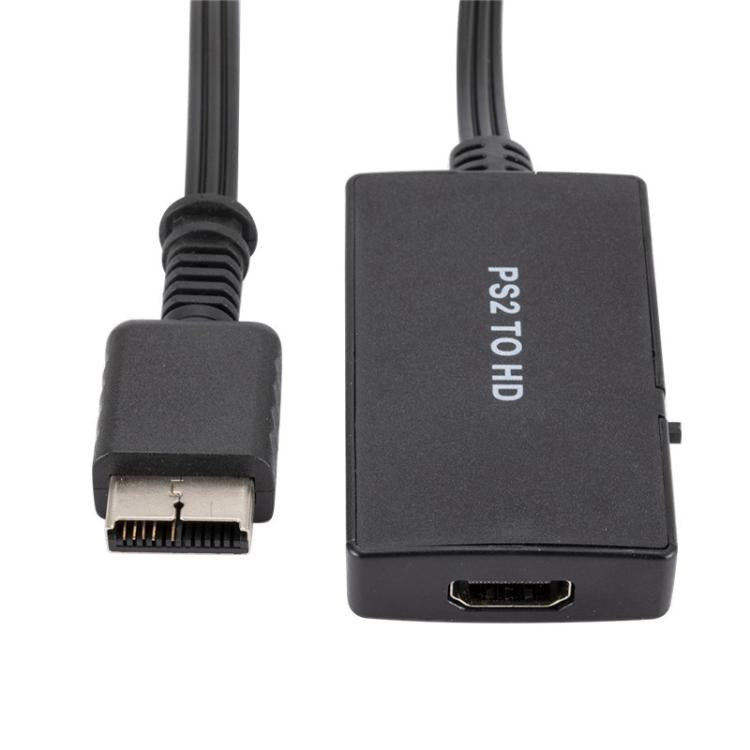 PS2 to HDMI HD converter with black box and HDMI port, attached cables