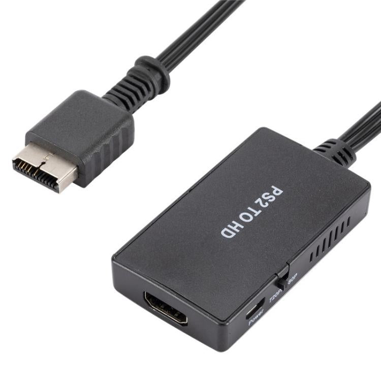 PS2 to HDMI converter with HDMI port and ventilation slots, showing connected cables