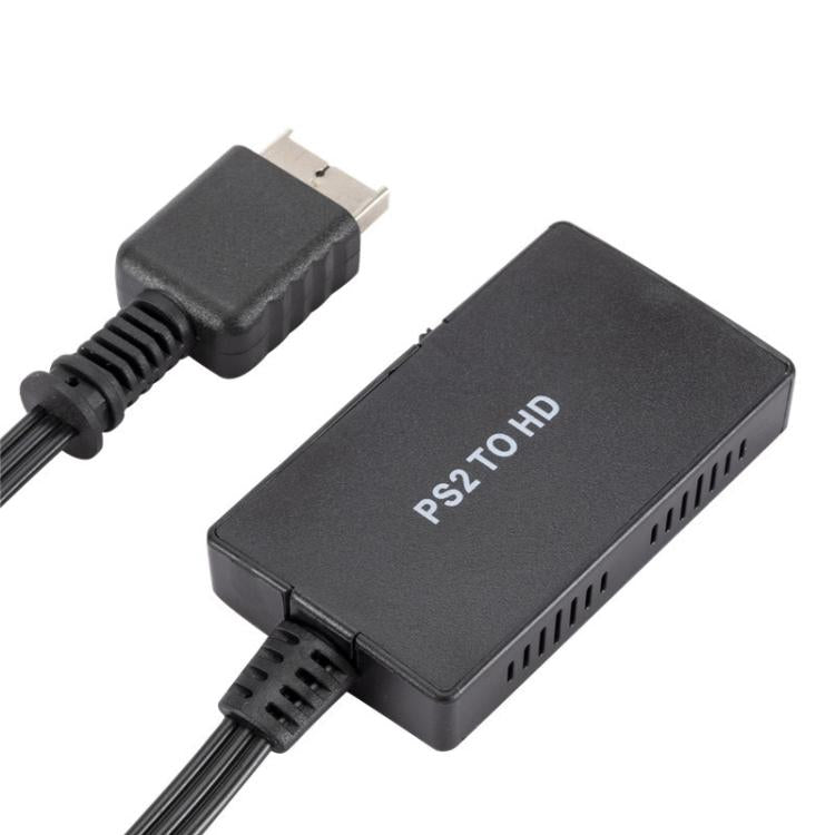 PS2 to HDMI converter with USB power plug and HDMI port on black housing