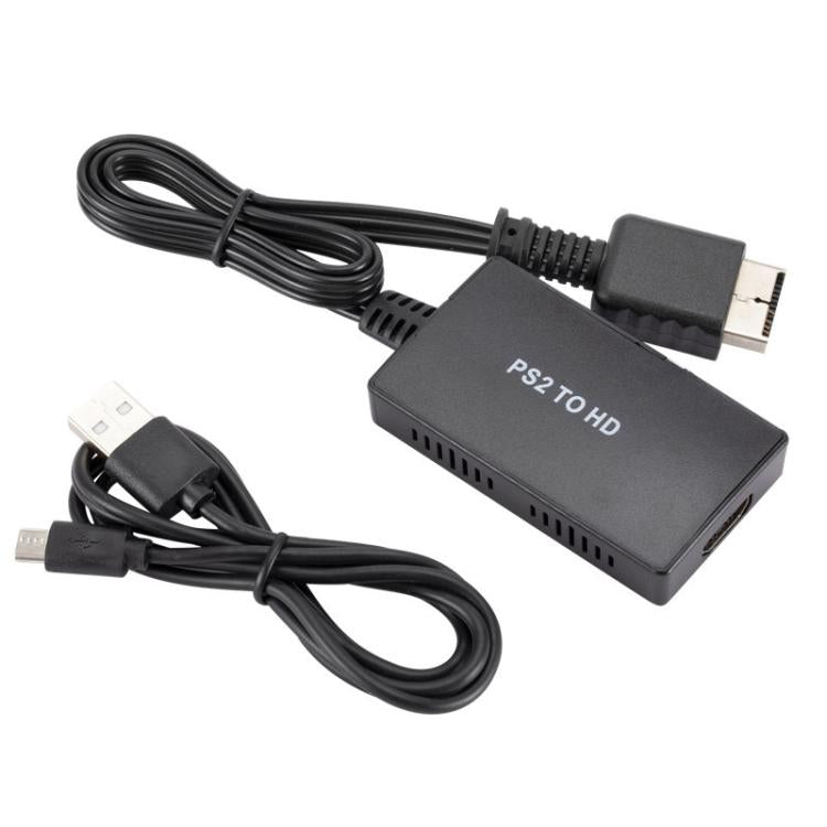 PS2 to HDMI converter with HDMI and USB cables, black vented housing