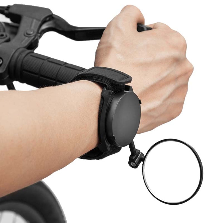 Bicycle rearview mirror with black wrist strap, round mirror head on a handlebar clamp