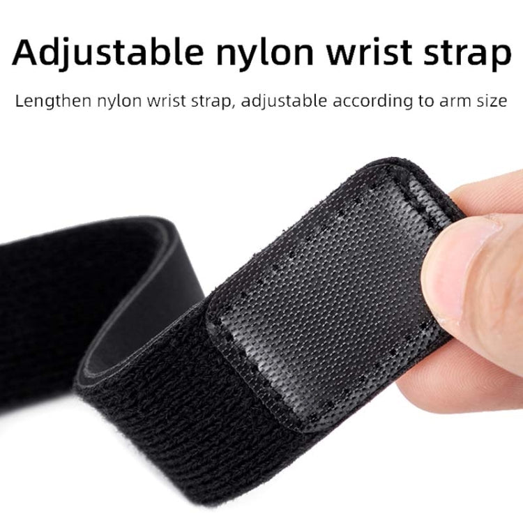 Adjustable black nylon wrist strap for a bicycle rearview mirror, textured fabric close-up