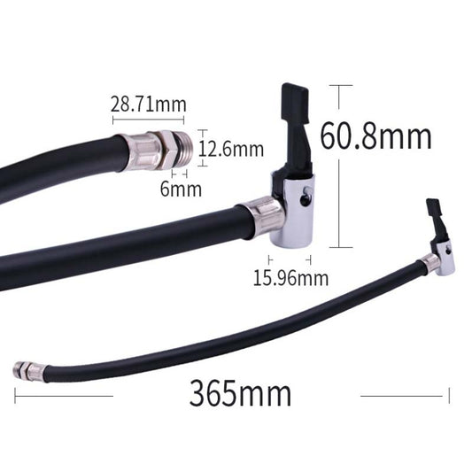 Schrader valve extension tube with silver fittings on a black flexible hose