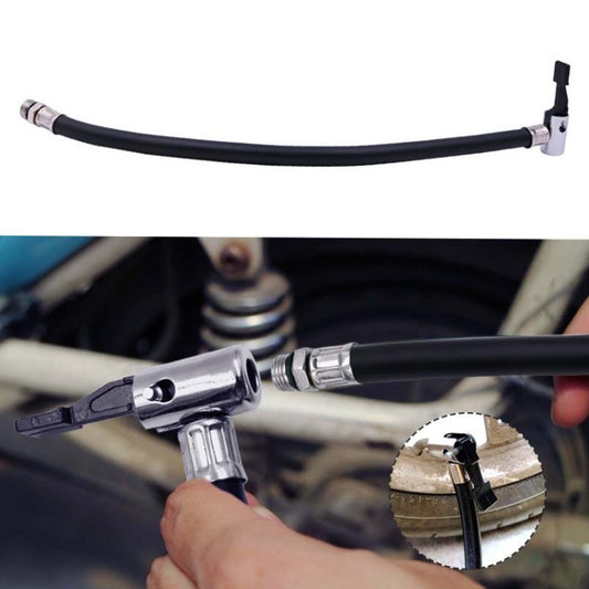 Schrader valve extension tube with black hose and silver clamp connector