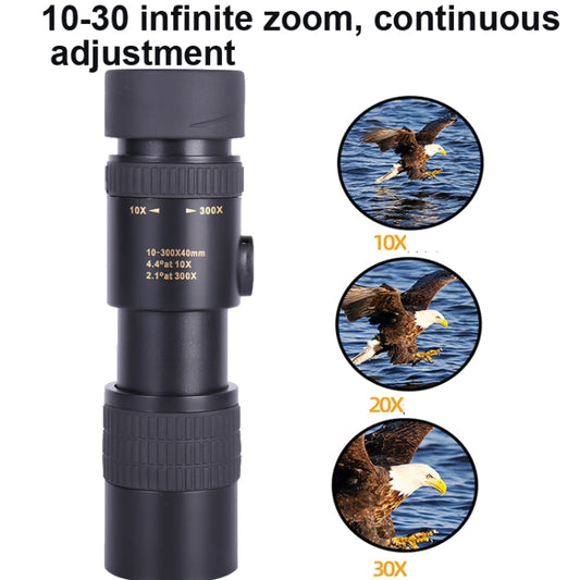 Black monocular telescope with continuous 10x to 30x zoom adjustment.