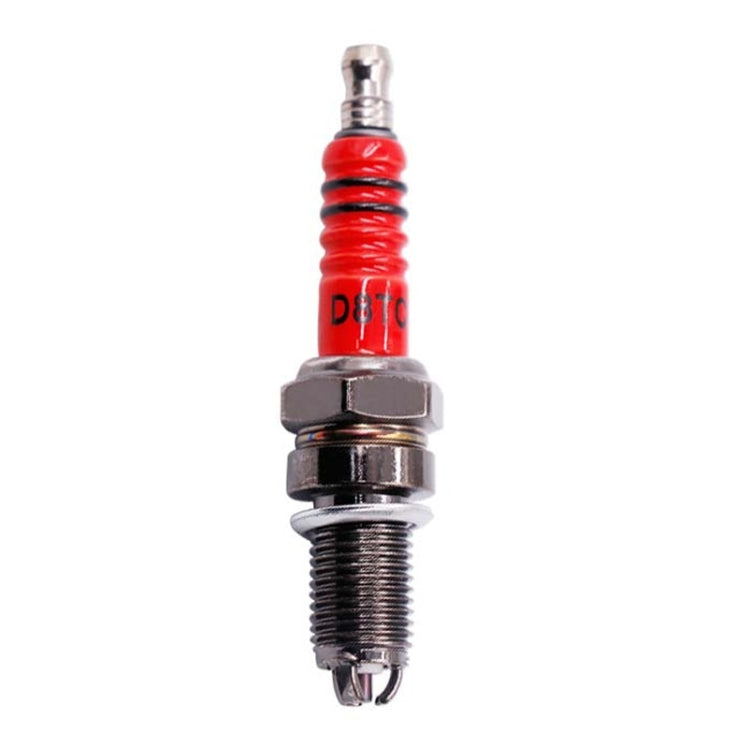 A8TC motorcycle spark plug with red insulator, hex nut, and threaded metal tip