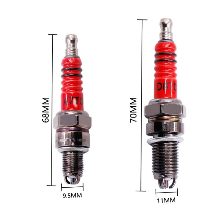 Motorcycle spark plug with red insulator; shows 68 mm height and 11 mm width