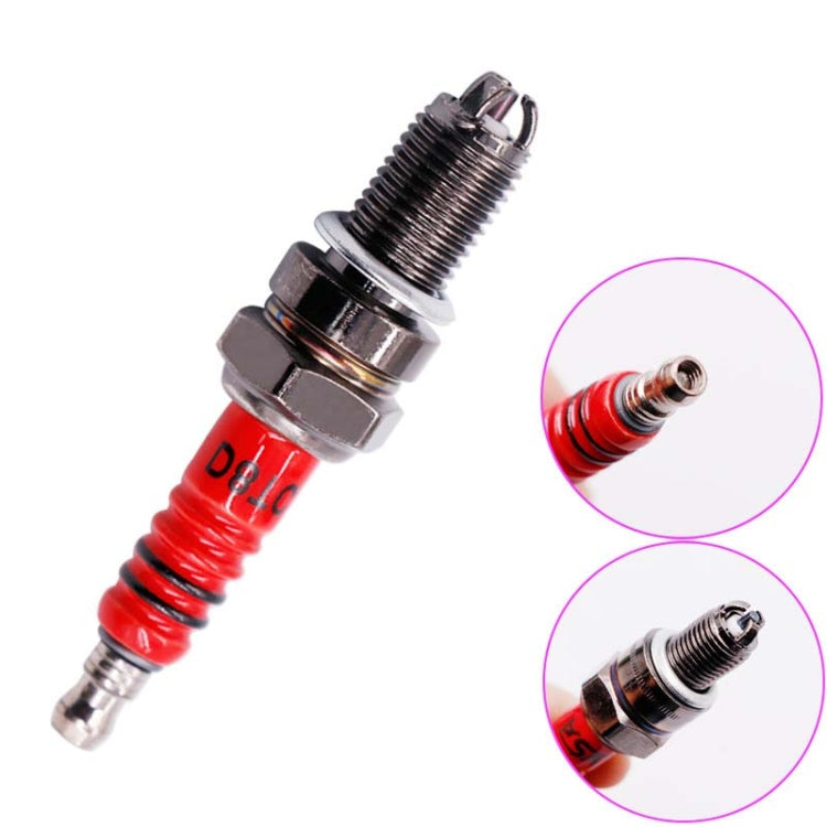 Motorcycle spark plug with red insulator and hex base; inset shows electrode area